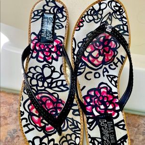 Coach Black Sequin Flip Flops with pink floral